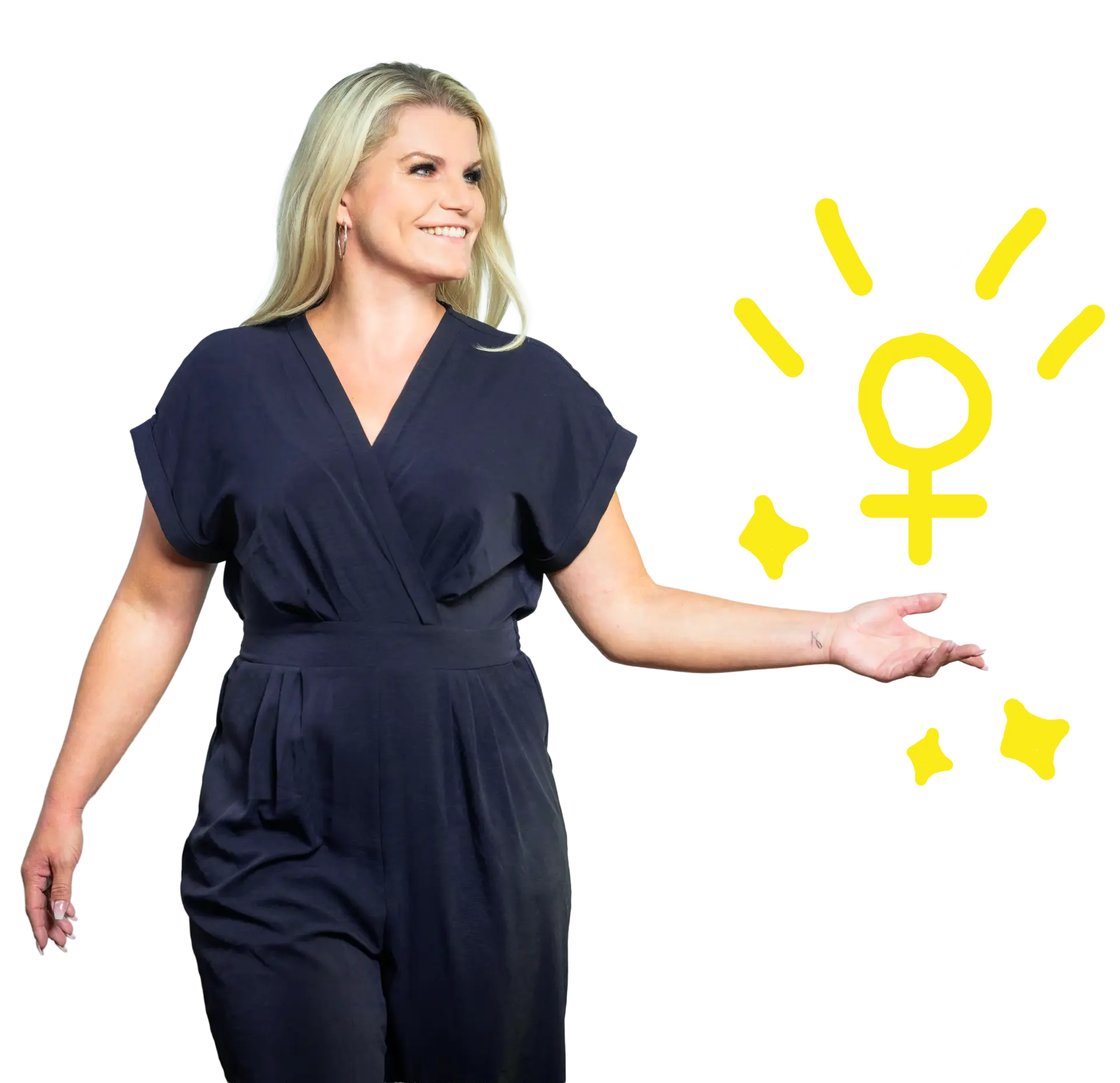 Gründerin Nadin Güner steht in einem blauen Kleid da und hält ihr linke Hand nach links ausgestreckt. Um die Hand herum sind gelbe Sterne, Striche und das Symbol für Weiblichkeit zu sehen.
