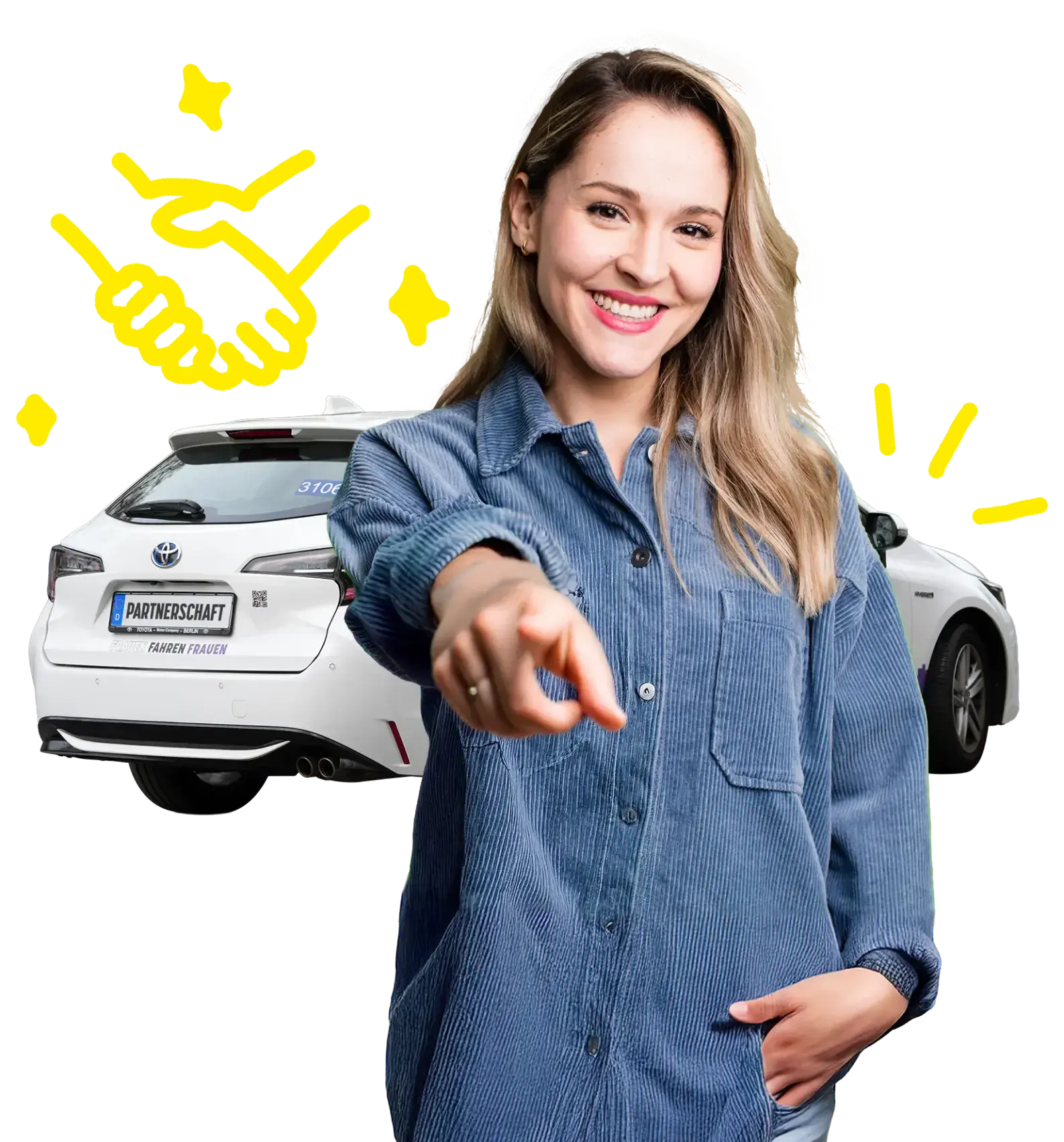Eine lächelnde blonde Frau in einem blauen Cord-Hemd steh vor einem weißem G-Cars Auto und zeigt in Richtung Kamera. Um Sie herum sind gelbe Sterne, Striche und ein Handschlag-Icon
